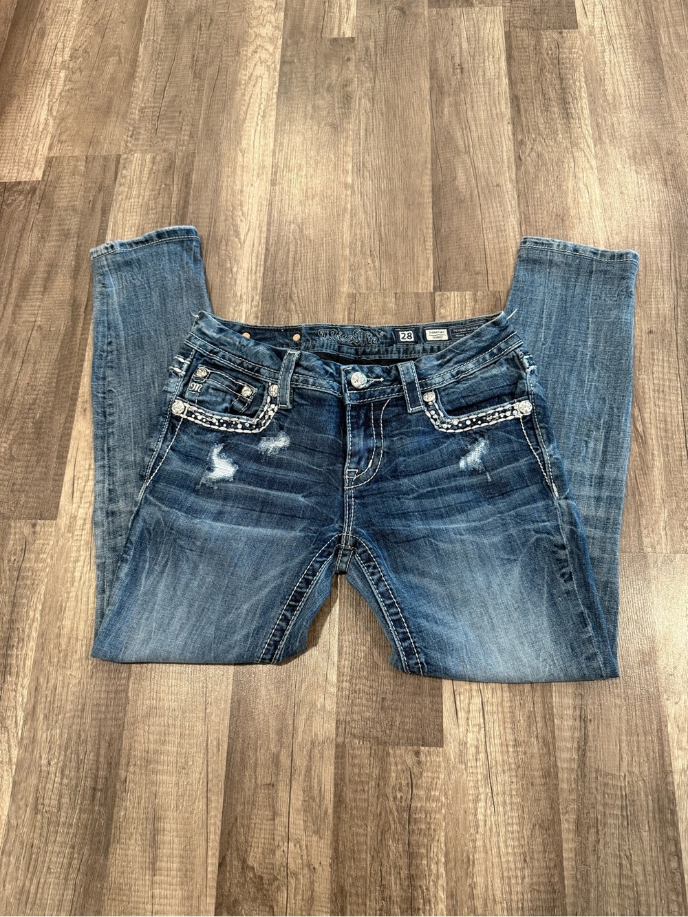 Miss Me Dark Blue Skinny Jeans with Rhinestone Trim